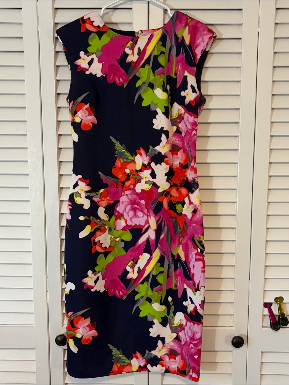 Vince Camuto Navy Floral Sheath Dress with Pink & Green Accents